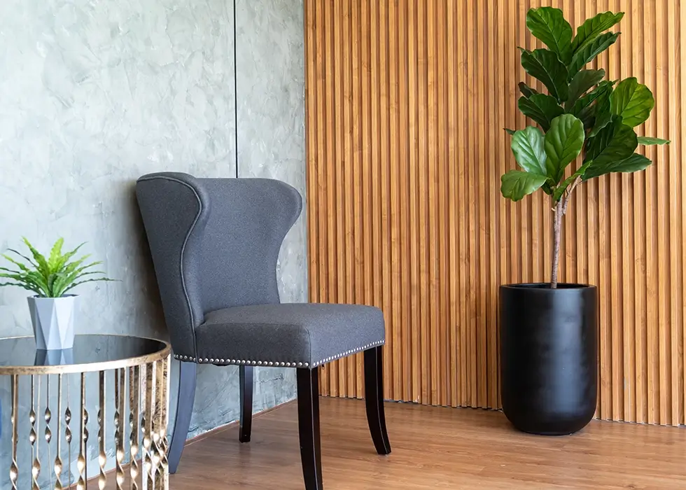 Modernes Interieur mit Holzvertäfelung Modernes Interieur mit Holzvertäfelung, einen modernen Sessel und einer Geigenblattfeige.